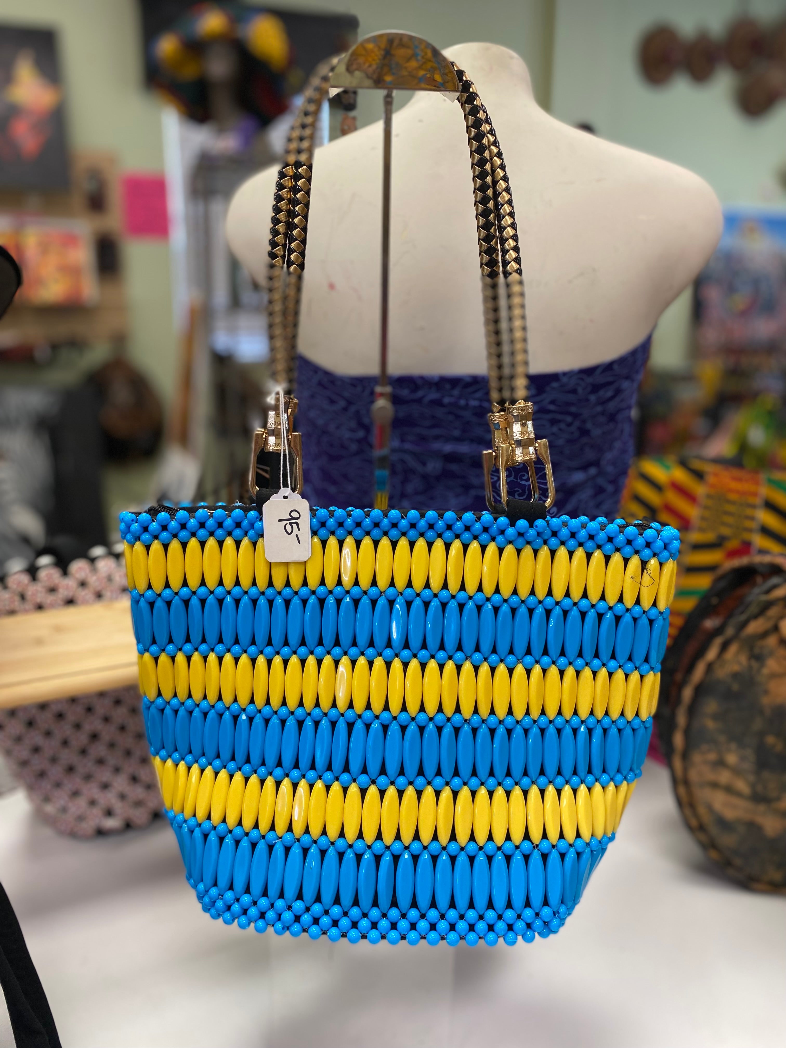 Colorful African luxury handwoven hot wood & bead bag/purse of high quality, ideal for all occasions + casual outings (Round-base)